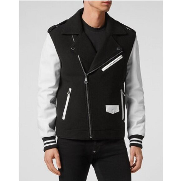 PHILIPP PLEIN Wool and Leather Biker Jacket like NEW, Size 3XL runs small - Picture 3 of 17